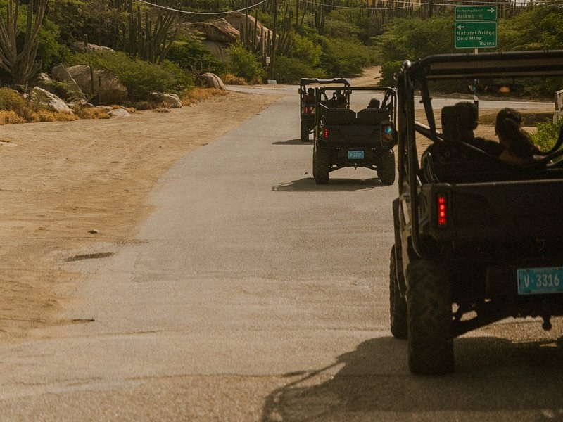 A line of UTVs following a paved road along the coast, outside the park boundary